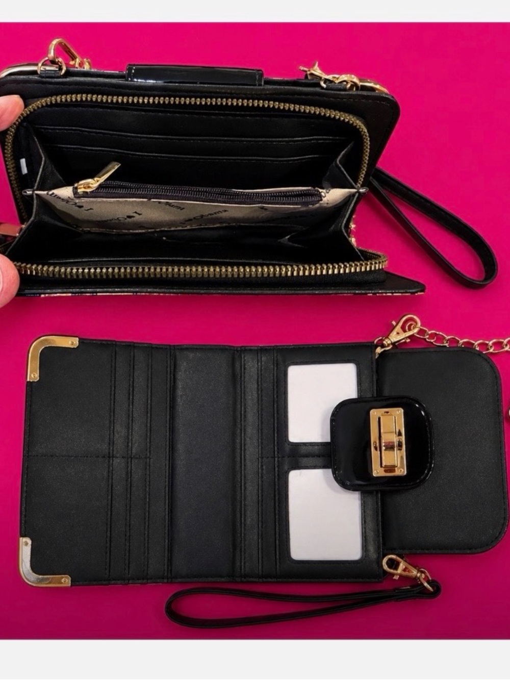 Black Women's Crossbody Wallet Purse with Gold Hardware